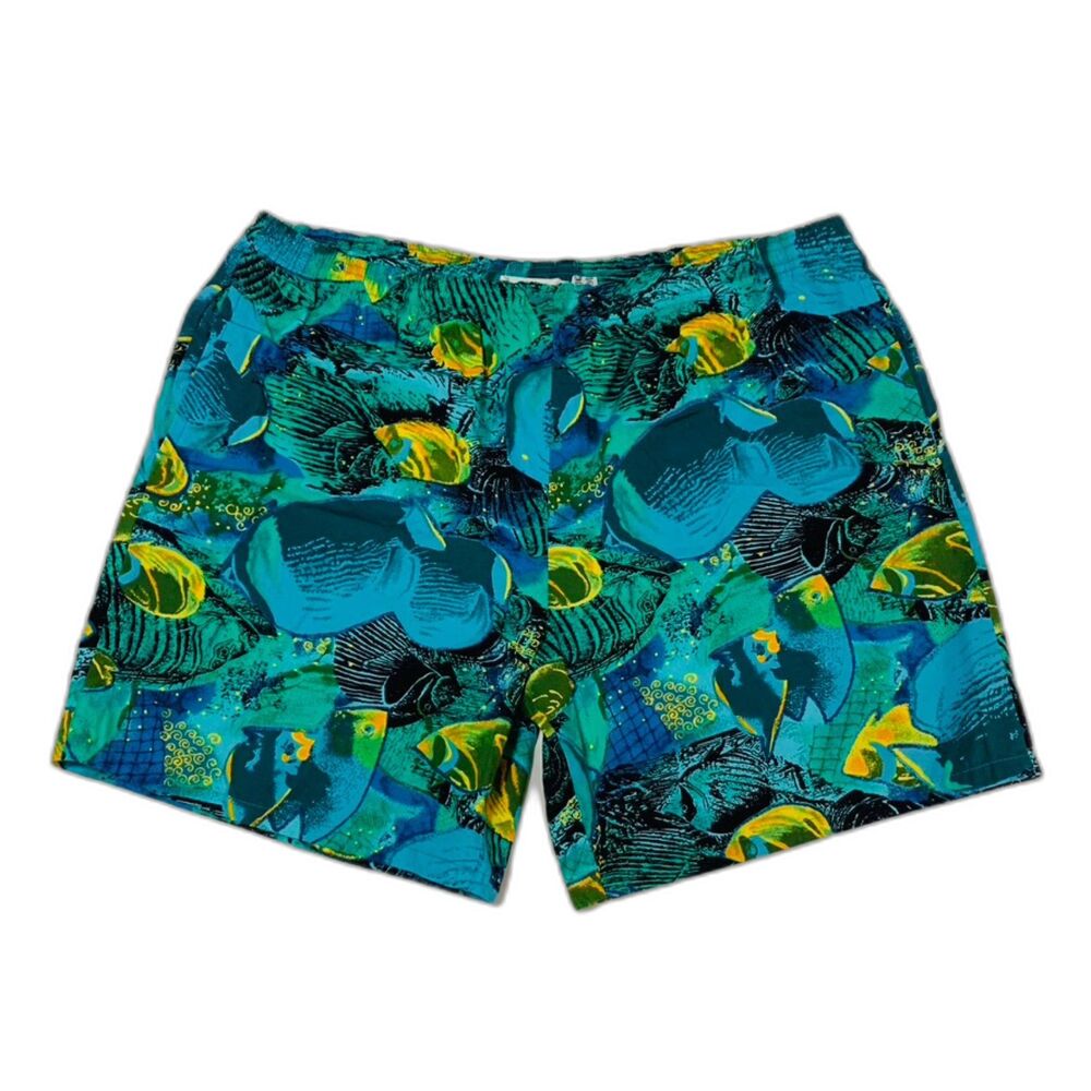 🌊 True Vintage 80s Tropical Swim Trunks – Made in Korea – Retro Fish Print